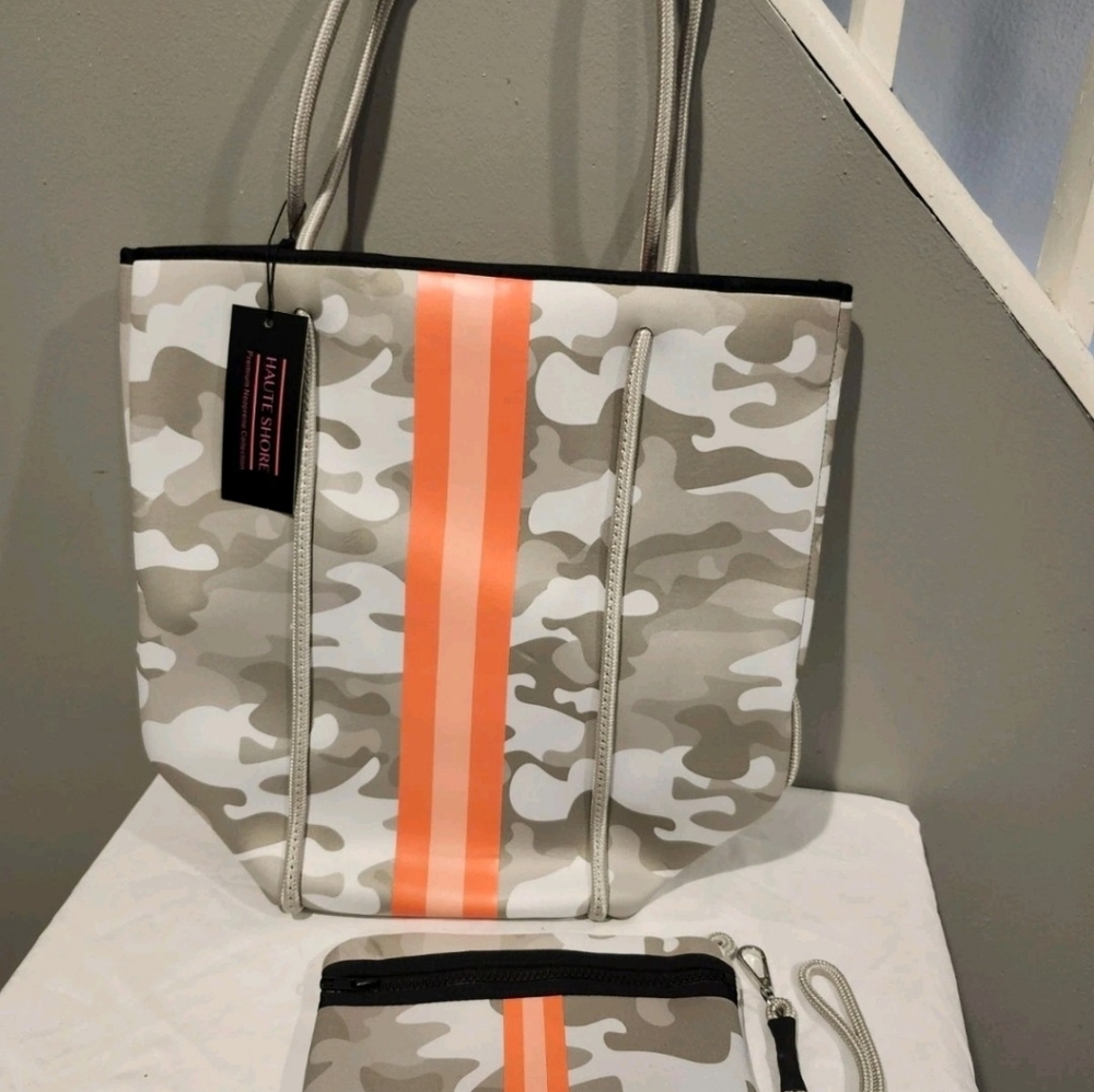 HAUTE SHORE Camouflage Tote with Neon Orange Accent And Wristlet New With Tags